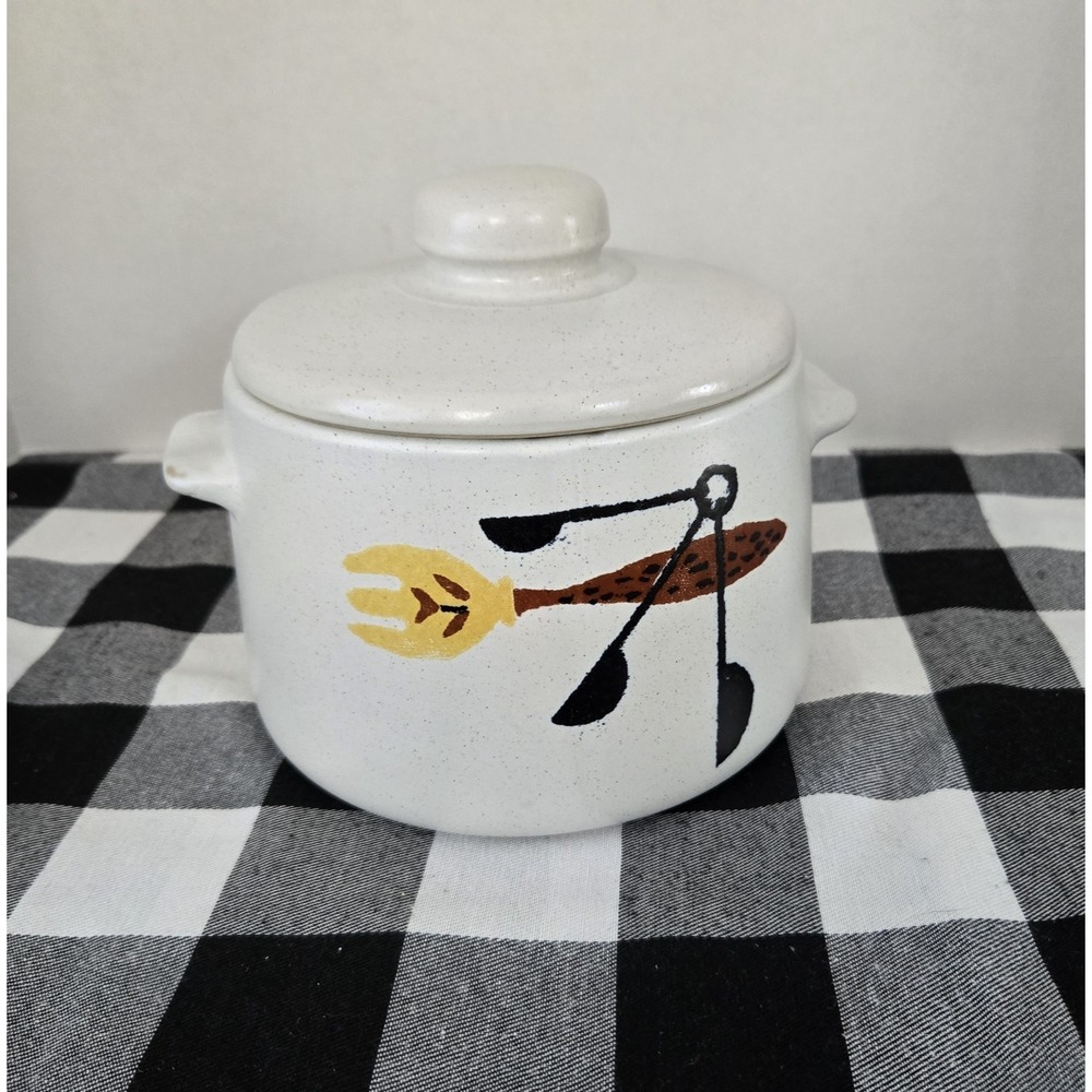 VTG West Bend USA Stoneware Crock with Lid Atomic Utensil Design MCM READ